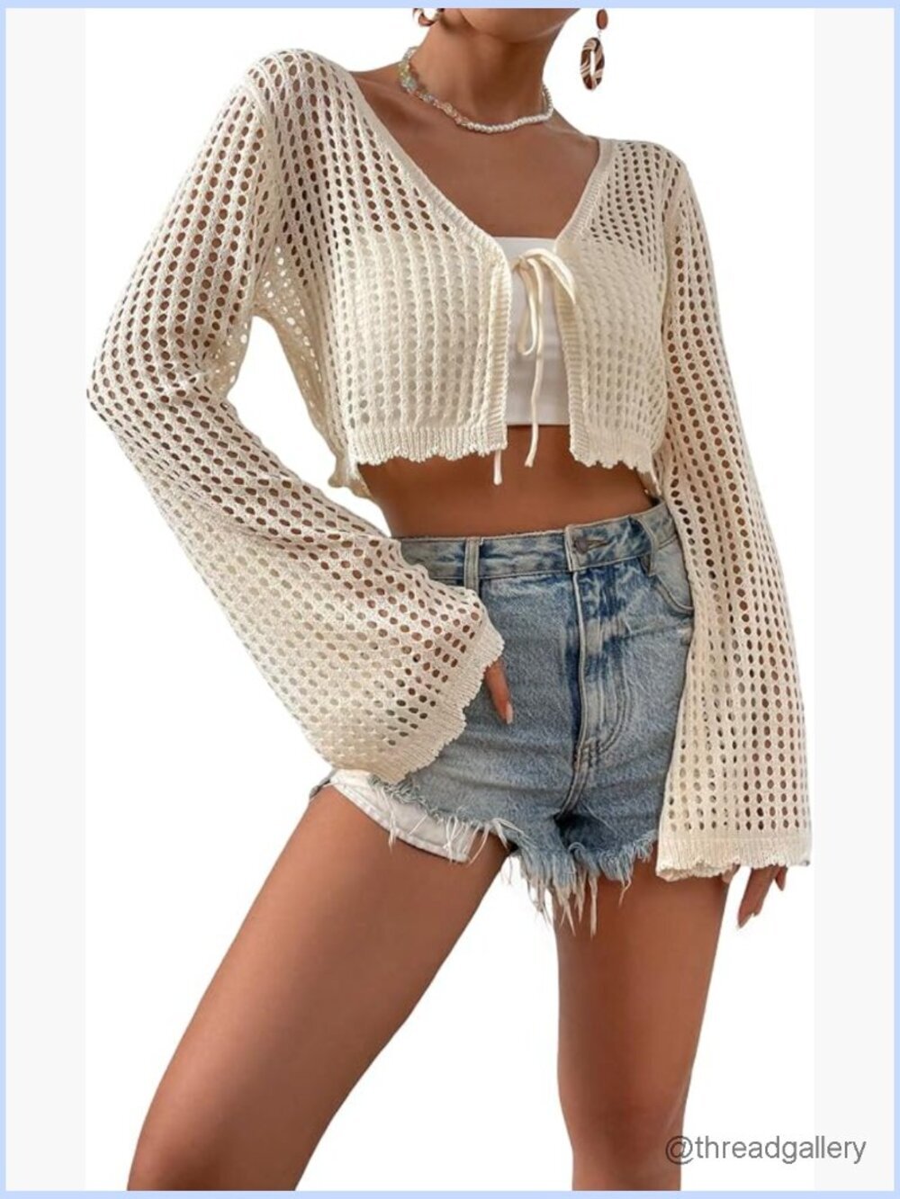 Crochet Tie Front Cardigan Boho Bell Sleeve Lightweight Cover Up